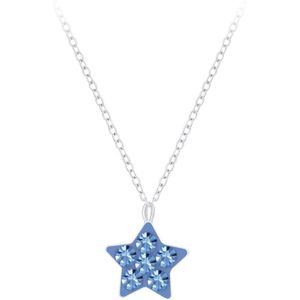 Joy|S - Zilveren 6 mm ster hanger met ketting - kinderketting - blauw kristal