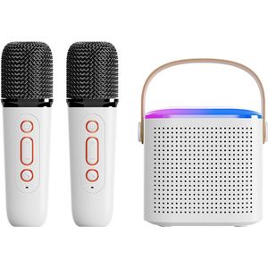 Draadloze Bluetooth karaokemicrofoon, compatibel met alle smartphones, draagbare Bluetooth karaokeluidspreker met 2 draadloze handmicrofoons, perfect Geschikt voor familiebijeenkomsten, (wit).
