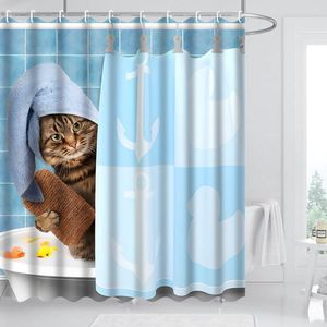 Douchegordijn kat, 180x180 cm, waterdicht, anti-schimmel douchegordijnen met 12 douchegordijnhaken, blauw, grappig kat, badkuip, douches, kind, wasbaar, polyester, textiel, douche-rolgordijn