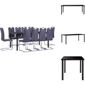 vidaXL Eetkamerset - - Eettafel 200x100x75cm - Zwart Gehard Glas en Metaal - 10 Grijze Eetkamerstoelen - Kunstsu�ède - Montage Vereist - Set tafel en stoelen