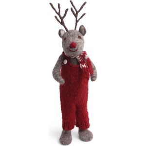 Groot Grijs Rendier met rode neus, broek en sjaal - 27 cm staand model - Vilten Kerstdecoratie - Fair Trade - Én Gry & Sif