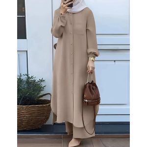 2 delige set lange luchtige tuniek blouse met wijde elastische taille broek beige marokkaanse turkse arabische stijl moslim jurk licht oversized maat L