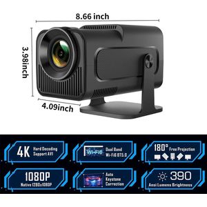 One Zisa - HY300 Mini - Beamer - Projector Beamer - Mini Meamer - 1920x1080dpi - Automatische focus - met WiFi - Android 11 - Zwart