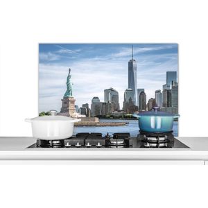 Spatscherm keuken 90x60 cm - Kookplaat achterwand New York - Vrijheidsbeeld - Water - Muurbeschermer - Spatwand fornuis - Hoogwaardig aluminium