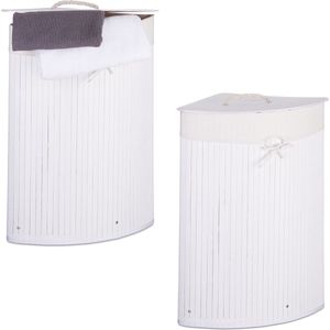 Relaxdays 2x wasmand bamboe - wasmanden met deksel - driehoek - 60 L - wit