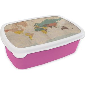 Broodtrommel Roze - Lunchbox - Brooddoos - Wereldkaart - Vintage - Atlas - Kind - Jongetjes - Meid - 18x12x6 cm - Kinderen - Meisje