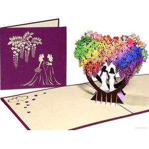 Popcards popupkaarten – Trouwkaart 2 vrouwen onder prachtige regenboog bloemenboog in hartvorm – Lesbisch bruidspaar – Lesbiennes huwelijkskaart Homohuwelijk Geregistreerd partnerschap Samenwonen