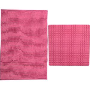 MSV Douche anti-slip mat en droogloop mat - Sevilla badkamer set - rubber/microvezel - fuchsia roze