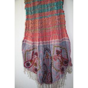 1001musthaves.com Crushed wollen dames sjaal in terra oranje turkoois en roze rood 70 x 180 cm