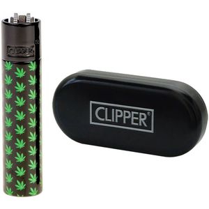 Clipper Large - Metal Vuursteen aansteker - Mini Leaves - Zwart - Giftbox