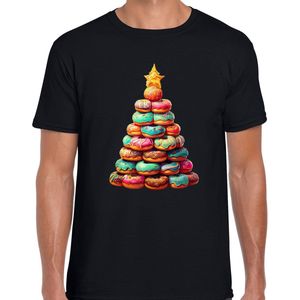 Bellatio Decorations Kerst T-shirt voor heren - kerstboom van donuts - zwart - lekkernijen - Kerstmis S