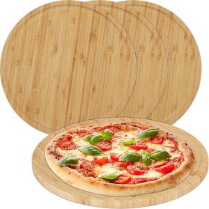 Relaxdays bamboe pizzaplank - set van 4 - rond pizzabord 32 cm - pizza dienblad - kaas