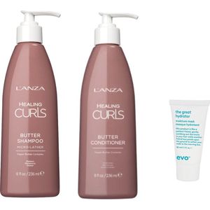 2 x Lanza - Healing Curls Butter - Shampoo + Conditioner 236 ml + WILLEKEURIG Travel Size
