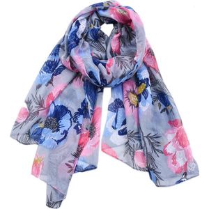 Grijze viscose dames sjaal met blauwe en roze klaprozen - 90 x 180 cm