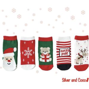 SilverAndCoco® - 5 Paar Kinder Kerstsokken 5 6 7 8 Jaar / Vrolijke Happy Kerst Sokken Kerstman Rendier / Leuke Grappige Dikke Warme Huissokken Kerstcadeau kinderen / Wintersokken jongens meisjes Kleding Cadeautje Kind Sokjes
