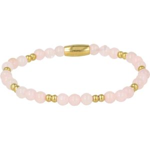 *My Bendel - Gouden kralenarmband met Rose Quartz edelstenen - Gouden elastische armband van edelstaal gecombineerd met Rose Quartz edelsteen - Met luxe cadeauverpakking