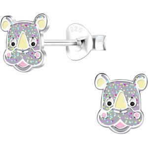 Joy|S - Zilveren neushoorn oorbellen - grijs met glitter - 6 mm - kinderoorbellen