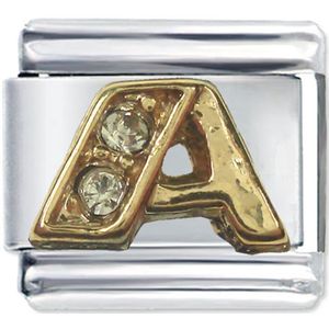 Quiges - Schakel - Bedel - 9mm - charms - Goud - Zirkonia - alfabet - letter A - Geschikt voor - Nomination- armband - Schakelarmband - italy bedels armband