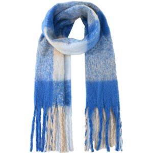 Nouka Blauwe & Witte Dames Sjaal – met Geruit patroon - Dikke & Warme Sjaal – Sjaal met Franjes - Herfst / Winter – 35 x 180 cm