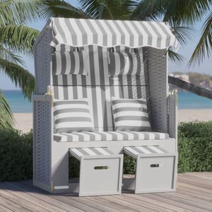 The Living Store Strandstoel Lounger - Grijs/Wit - Houten frame - Verstelbare rugleuning - Uitschuifbare voetensteun - Met luifel