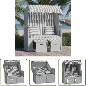 The Living Store Strandstoel Lounger - Grijs/Wit - Houten frame - Verstelbare rugleuning - Uitschuifbare voetensteun - Met luifel