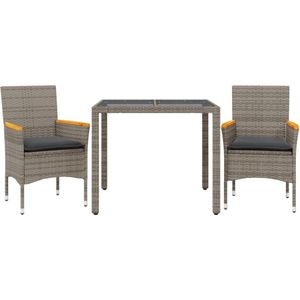 vidaXL Tuinset - 3-delig - Poly Rattan en Glas - Grijs Tuin Set - Buiten Eetkamer - Lounge Set - Patio Set - Bistro Set