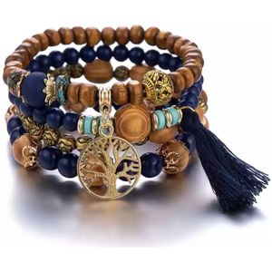 UrbanGoods - Boheemse stijl Armbanden - Blauw - Houten Armband - 4 Laags kralen armband - Levensboom