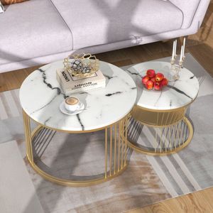 Sweiko Moderne geneste salontafel, Salontafel set met marmerfineer sofa side geneste tafel ronde bijzettafel, 2 sets, Gouden frame