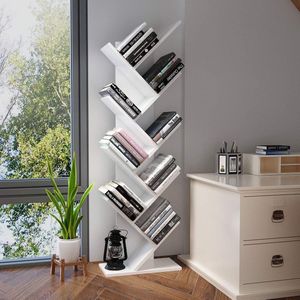 Boekenkast, boomboekenplank 8-laags houten vrijstaande planken voor cd's Tijdschrift in woonkamer thuiskantoor wit, 40 x 127 x 20 cm