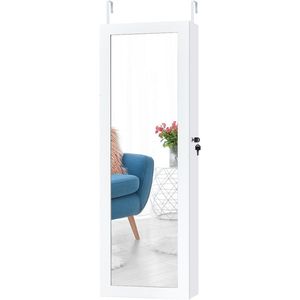 COSTWAY Sieradenkast met 15 ledlampen, spiegelkast met deur- en wandmontage, sieradendoos met full-body spiegel, sieradenrek voor ringen, kettinghaken en oorbellen, incl. 2 sleutels (beige)