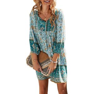 Boho Zomerjurk Groen M - Bloemenprint Tuniekjurk - Vintage Strandjurk - Comfortabel Ademend Polyester - Voor Dames - 1 stuk