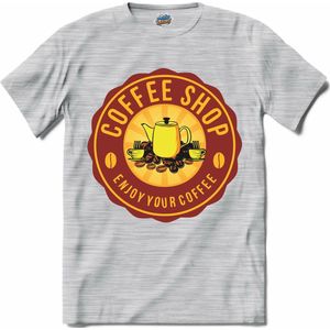 Enjoy Your Coffee | Koffie - Vintage - T-Shirt - Unisex - Donker Grijs - Gemêleerd - Maat M
