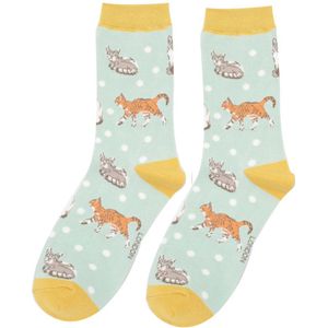 Miss Sparrow - Bamboe sokken dames katten - duck egg - kattenliefhebbers - leuke sokken - grappige sokken - kat - cadeautje
