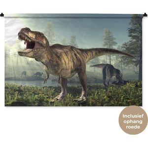 Wandkleed Dinosaurus illustratie - Een computerillustratie van een Tyrannosaurus in een veld Wandkleed katoen 150x100 cm - Wandtapijt met foto