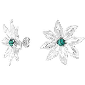 Yehwang - oorbellen - bloemen - zilver - groene steen - stainless steel - rvs