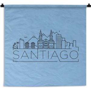 Wandkleed Wereldsteden - Skyline Santiago zwart op blauw Wandkleed katoen 180x180 cm - Wandtapijt met foto