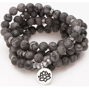 108 Kralen Mala Armband / Ketting grijs - map steen-  Vrouwen / Mannen - 8mm natuursteen - Lotus - Meditatie - Yoga -  Buddha - Gebedssnoer - Kralenketting - Rozenkrans Sparkolia  - Natuurlijke edelsteen