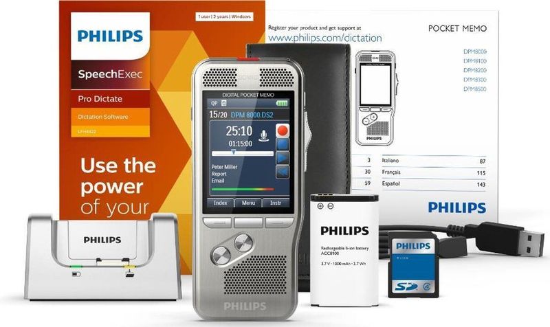 Philips - DPM8000/02 - PocketMemo Dicteerapparaat - Schuifschakelaar - Accessoire set - SpeechExec Pro Dictate 11 - 2 jaar licentie