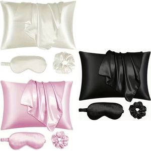 Beauty kussen sloop set - Satijnen kussen sloop - Set van 4 - Slaap oogmasker - Zwart