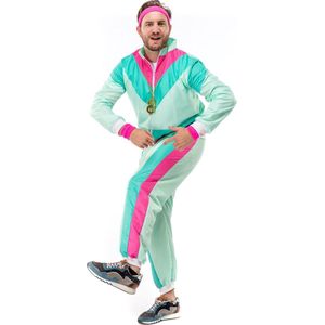 Original Replicas - Jaren 80 & 90 Kostuum - 80s Retro Trainingspak Dancing David - Man - Groen, Roze, Multicolor - Medium - Carnavalskleding - Verkleedkleding