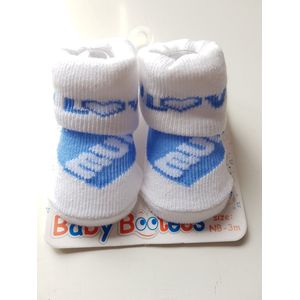 Baby slofjes wit met blauw I Love Mum - kraamcadeau - baby - slofjes - i love dad - geboorte