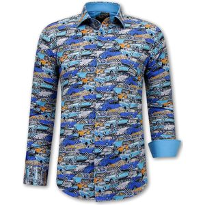 Heren Overhemd met Auto Print - 3112 - Blauw