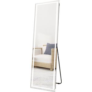 Sensahome Staande Spiegel Met Led Verlichting - Passpiegel met Zilveren Frame - Dimbaar - 50x160cm