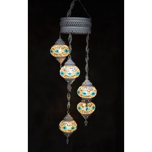 Hanglamp multicolour blauw zilver glas mozaïek 5 bollen Turkse Oosterse Crèmewit Marokkaanse kroonluchter