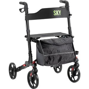 Sky - Lichtgewicht rollator - Zwart - Dubbel opvouwbaar - Met stokhouder, tas en rugband