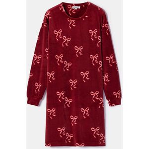 Woody slaapkleed meisjes/dames velours - donkerrood - strikjes all-overprint - 252-10-YDE-V/952 - maat 140