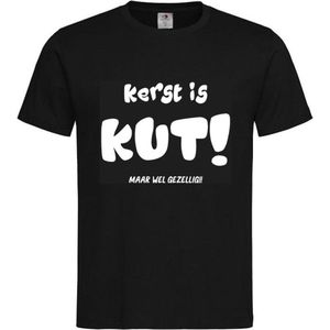 T-shirt Unisex Volwassenen Kerst Kerstmis Man Vrouw Grappig Tekst ""Kerst is KUT maar wel gezellig!!"" Op Voorkant | korte mouw | Zwart/Wit | maat S