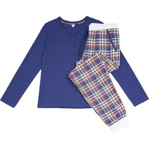La-V pyjamaset voor dames met geruite flanel broek en V hals met knoopjes - Jean blauw S