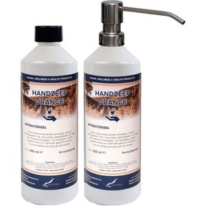 Handzeep Orange 500 ml - set van 2 stuks - met gratis RVS zilverkleurige pomp - Voordeelverpakking