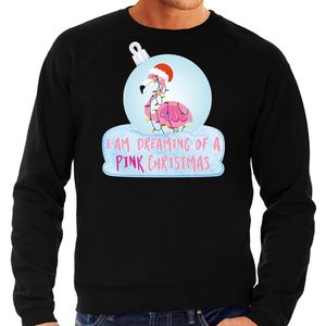 Flamingo Kerstbal sweater / Kerst trui I am dreaming of a pink Christmas zwart voor heren - Kerstkleding / Christmas outfit L
